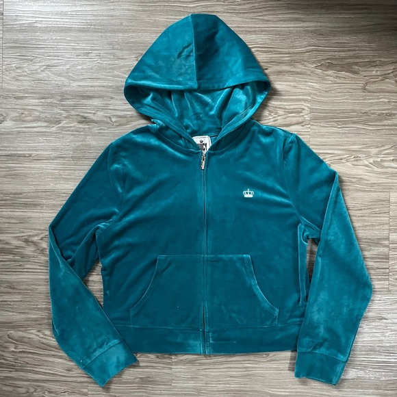 Juicy Couture Tops - Juicy Couture Teal Velour Zip Up Hoodie Silver Crown Graphic XL